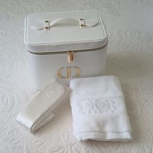 Dior White Vanity Case Gold CD Logo, Embroidered Towel Satin Head Band Luxury